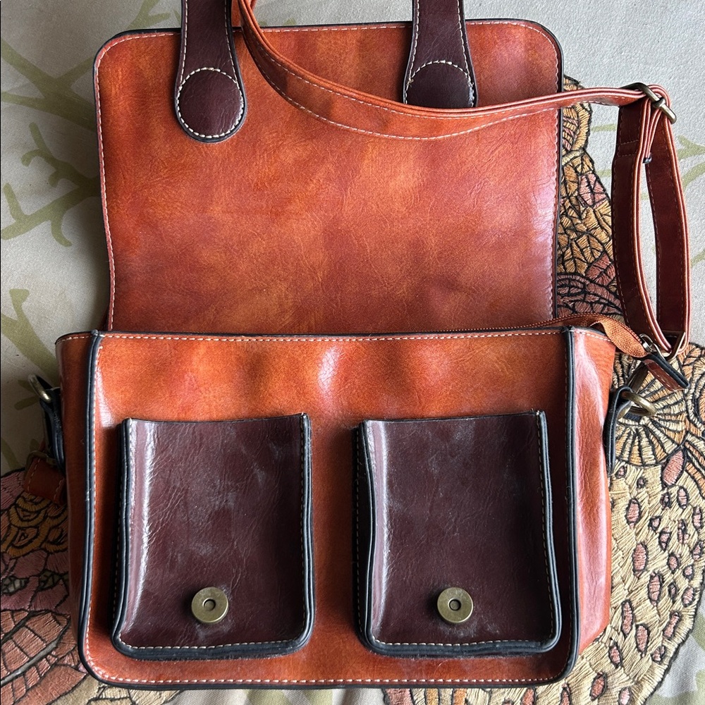 Heart Accent Faux Leather Shoulder Bag - Tan, Brown and Red - Picture 4 of 7